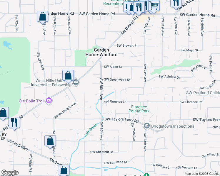 map of restaurants, bars, coffee shops, grocery stores, and more near 8670 Southwest 80th Avenue in Portland