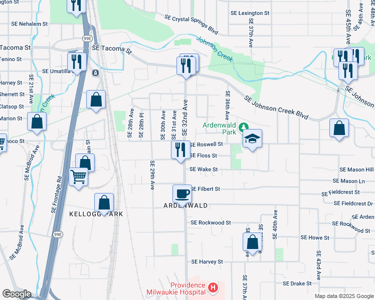 map of restaurants, bars, coffee shops, grocery stores, and more near 9020 Southeast 32nd Avenue in Milwaukie