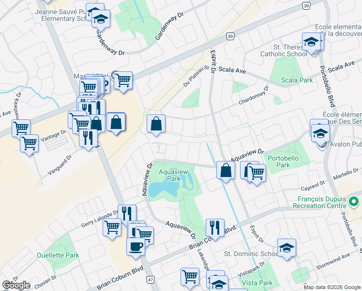 map of restaurants, bars, coffee shops, grocery stores, and more near 2254 Silverado Crescent in Ottawa