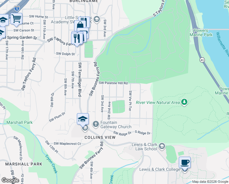 map of restaurants, bars, coffee shops, grocery stores, and more near 9316 Southwest 2nd Avenue in Portland