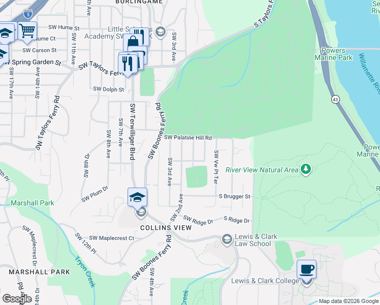 map of restaurants, bars, coffee shops, grocery stores, and more near 9261 Southwest 1st Avenue in Portland