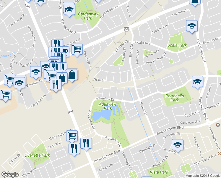 map of restaurants, bars, coffee shops, grocery stores, and more near 2254 Silverado Crescent in Ottawa