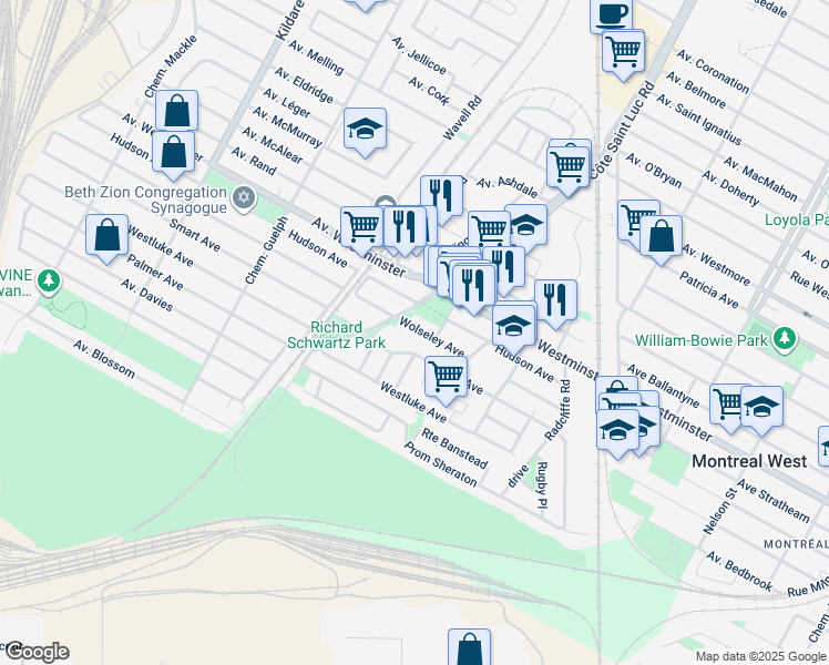 map of restaurants, bars, coffee shops, grocery stores, and more near 680 Wolseley Avenue in Côte Saint-Luc