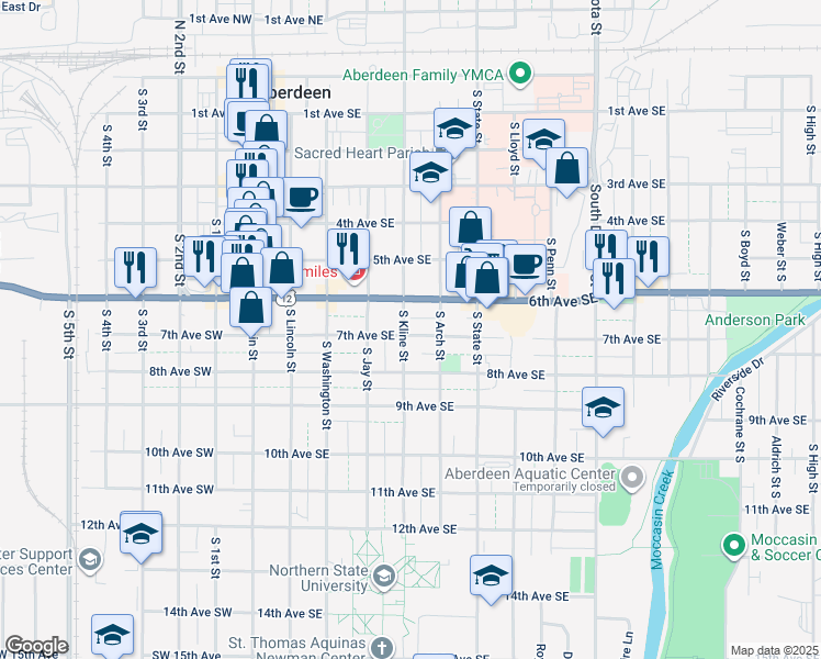 map of restaurants, bars, coffee shops, grocery stores, and more near 621 South Kline Street in Aberdeen