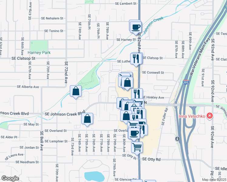 map of restaurants, bars, coffee shops, grocery stores, and more near 7833-7875 Southeast Johnson Creek Boulevard in Portland
