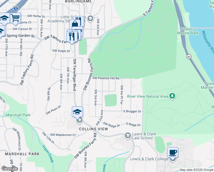 map of restaurants, bars, coffee shops, grocery stores, and more near 9316 Southwest 2nd Avenue in Portland