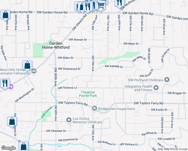 map of restaurants, bars, coffee shops, grocery stores, and more near 7370 Southwest Lara Street in Portland