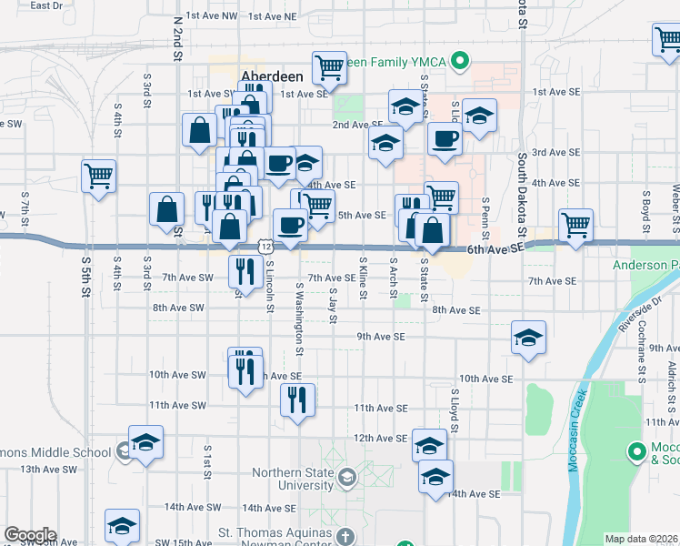 map of restaurants, bars, coffee shops, grocery stores, and more near 714 South Jay Street in Aberdeen