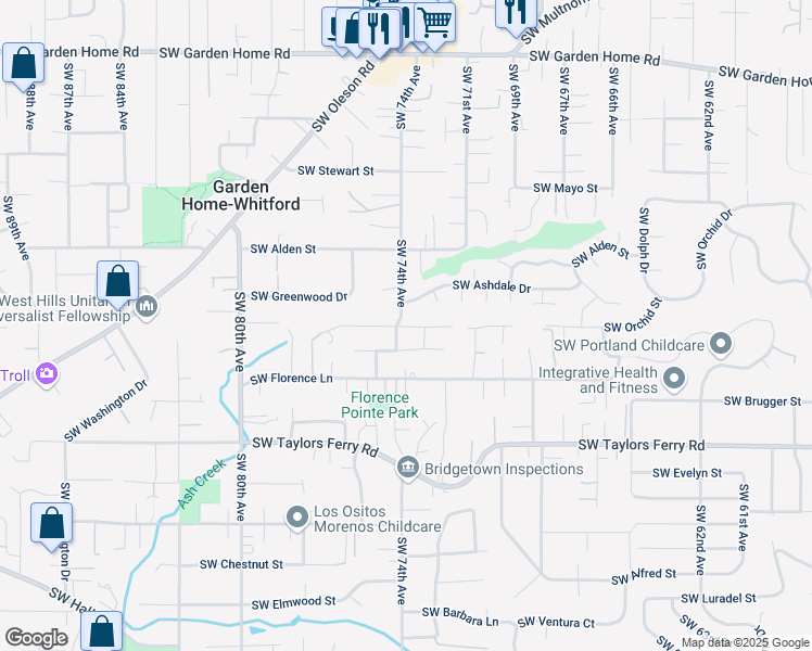 map of restaurants, bars, coffee shops, grocery stores, and more near 7370 Southwest Lara Street in Portland
