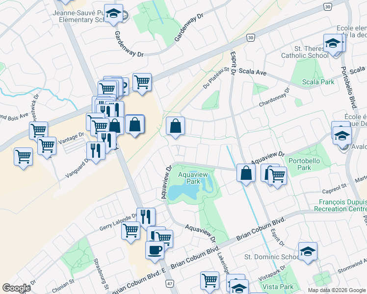 map of restaurants, bars, coffee shops, grocery stores, and more near 2306 Bois-Vert Place in Ottawa