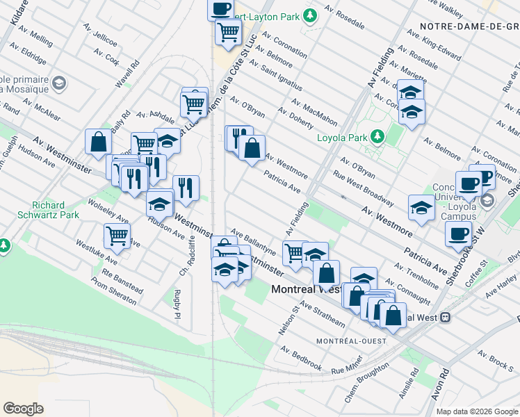 map of restaurants, bars, coffee shops, grocery stores, and more near 5217 Avenue Connaught in Montréal