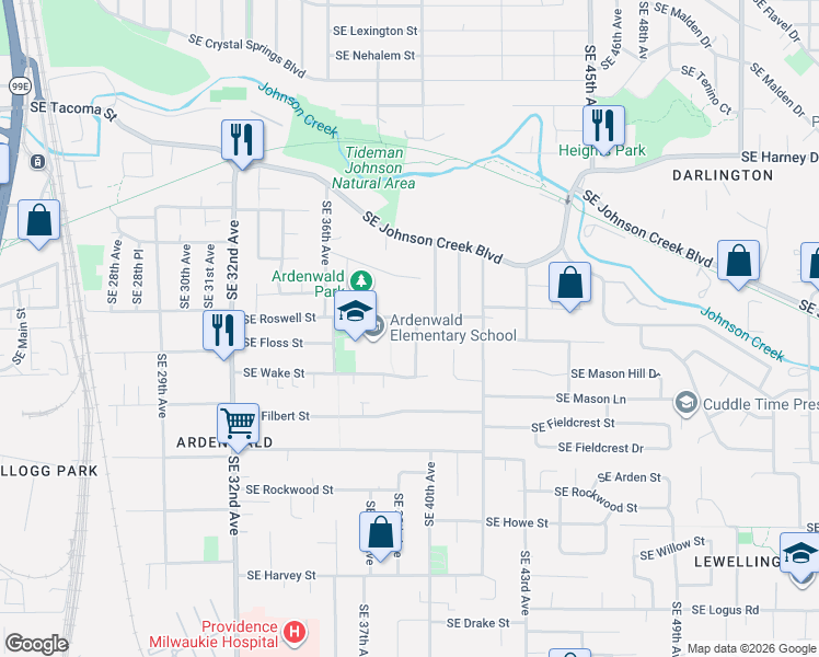 map of restaurants, bars, coffee shops, grocery stores, and more near 9007 Southeast 39th Avenue in Milwaukie