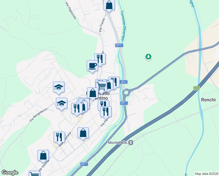 map of restaurants, bars, coffee shops, grocery stores, and more near 8 Via Pesa in Montebello Vicentino