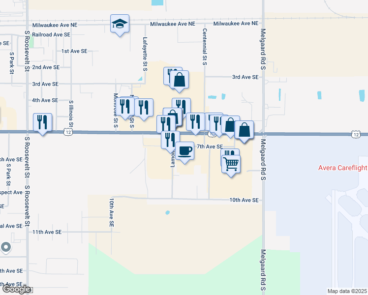 map of restaurants, bars, coffee shops, grocery stores, and more near 3307 7th Avenue Southeast in Aberdeen