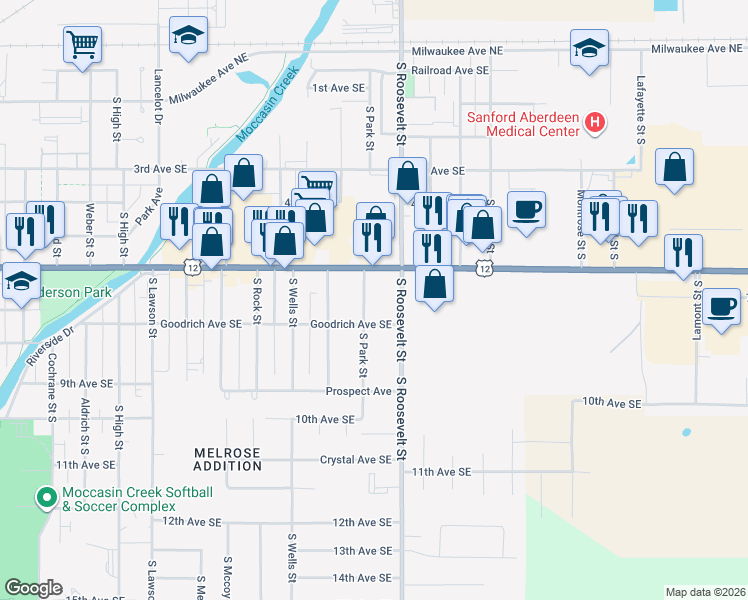 map of restaurants, bars, coffee shops, grocery stores, and more near 635 South Park Street in Aberdeen