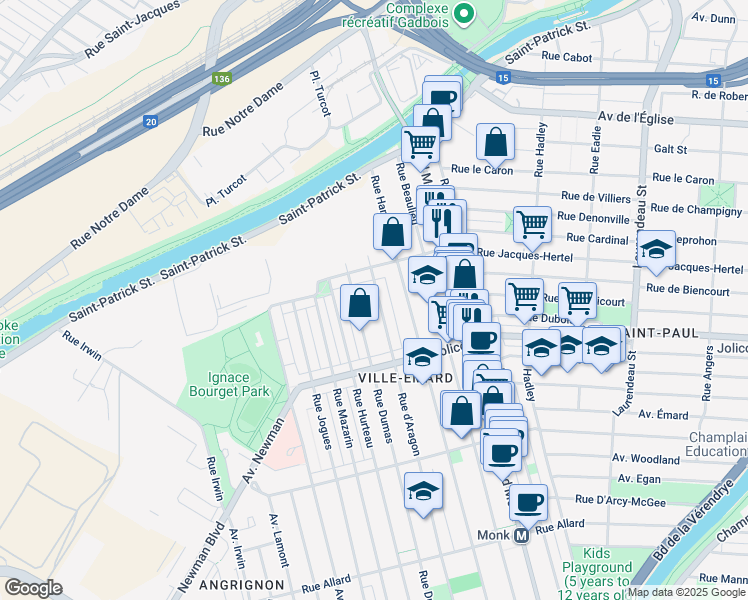 map of restaurants, bars, coffee shops, grocery stores, and more near 5983 Rue d'Aragon in Montréal