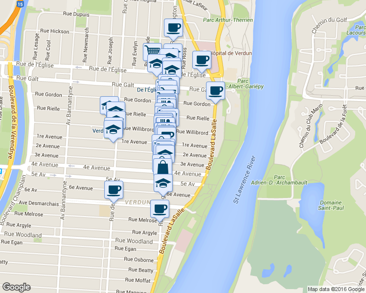 map of restaurants, bars, coffee shops, grocery stores, and more near 150 1re Avenue in Montréal