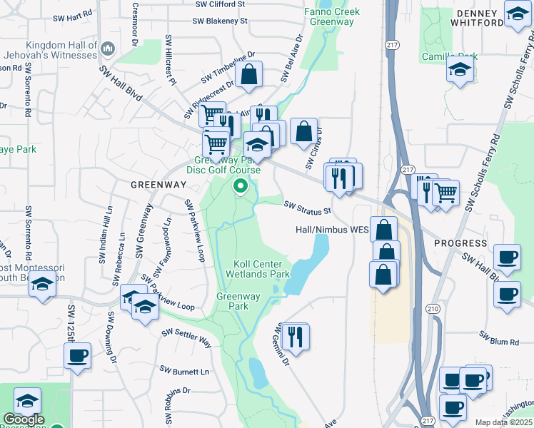map of restaurants, bars, coffee shops, grocery stores, and more near 8405 Southwest Creekside Place in Beaverton