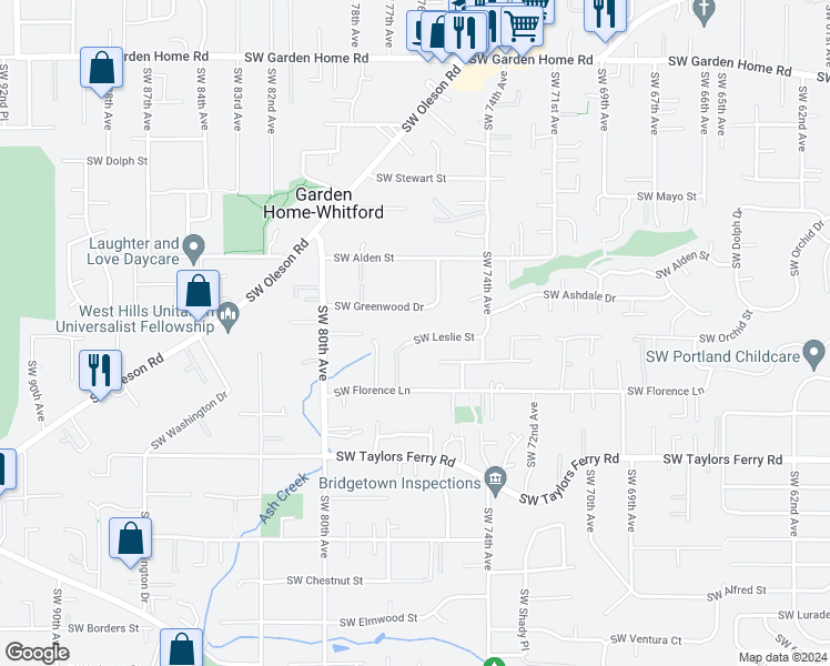 map of restaurants, bars, coffee shops, grocery stores, and more near 7655 Southwest Leslie Street in Portland
