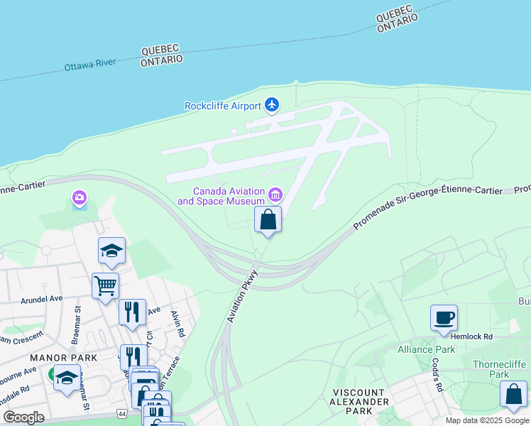 map of restaurants, bars, coffee shops, grocery stores, and more near 11 Aviation Parkway in Ottawa