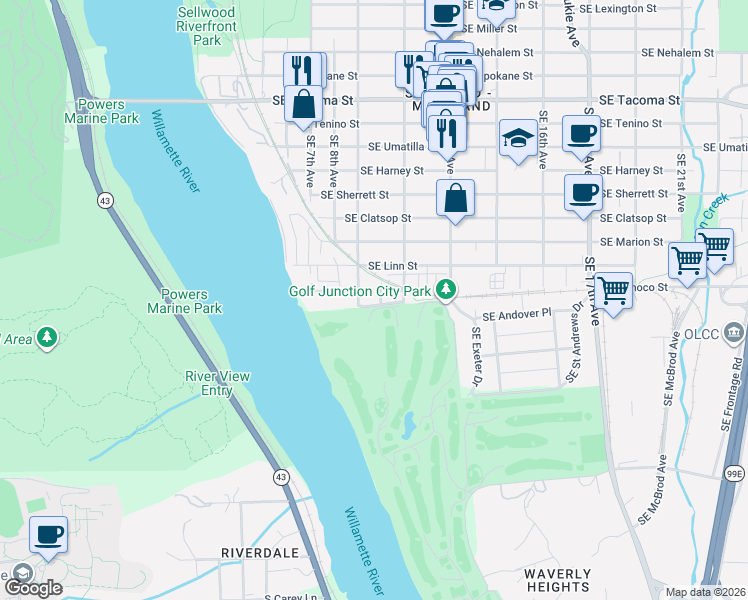 map of restaurants, bars, coffee shops, grocery stores, and more near 8824 Southeast 9th Avenue in Portland
