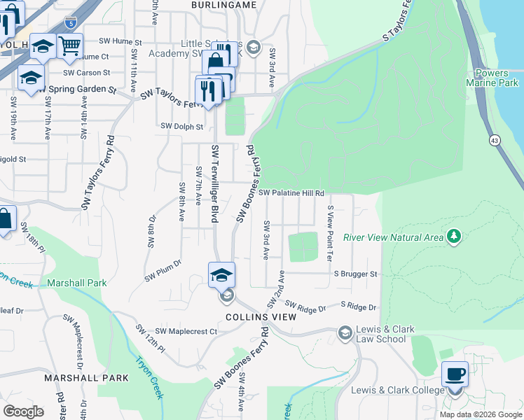 map of restaurants, bars, coffee shops, grocery stores, and more near 318 South Palatine Hill Road in Portland