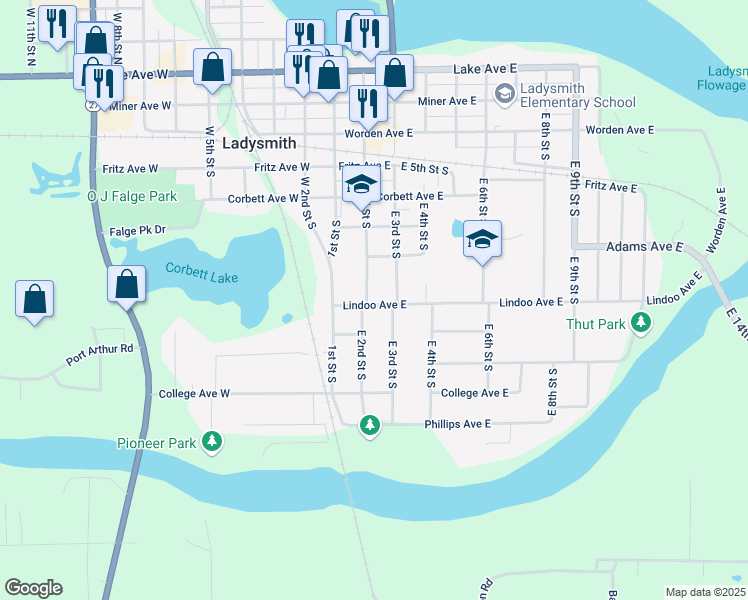 map of restaurants, bars, coffee shops, grocery stores, and more near 610 East 2nd Street South in Ladysmith