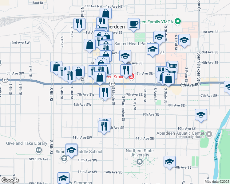 map of restaurants, bars, coffee shops, grocery stores, and more near 72-98 6th Avenue Southeast in Aberdeen