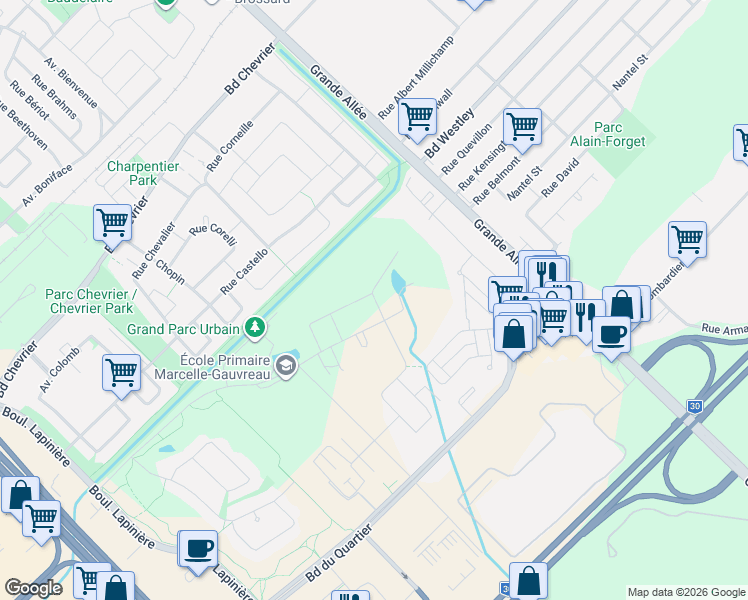 map of restaurants, bars, coffee shops, grocery stores, and more near 3755 Rue Coallier in Brossard