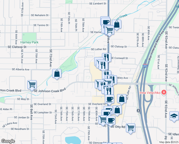 map of restaurants, bars, coffee shops, grocery stores, and more near 7847 Southeast Lindy Lane in Portland