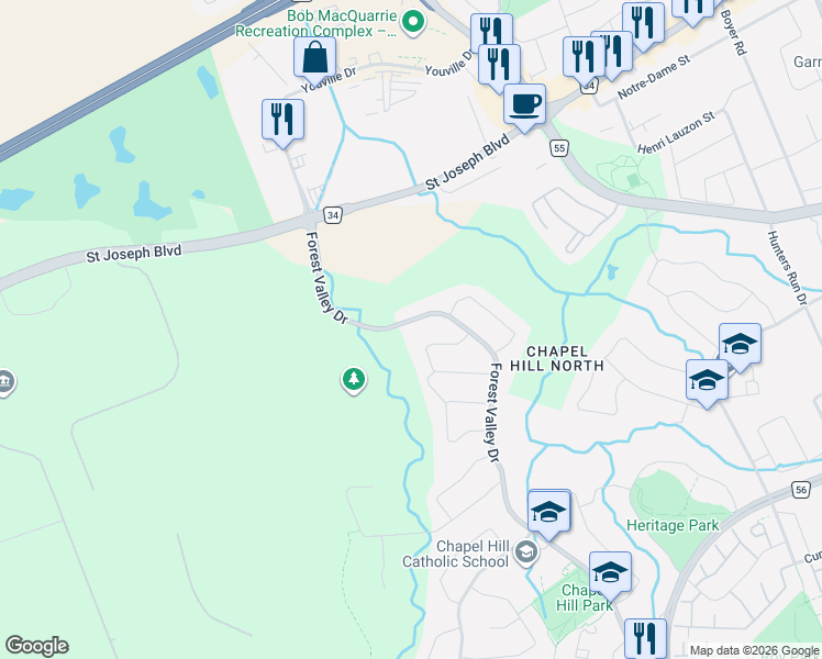 map of restaurants, bars, coffee shops, grocery stores, and more near 1404 Forest Valley Drive in Ottawa