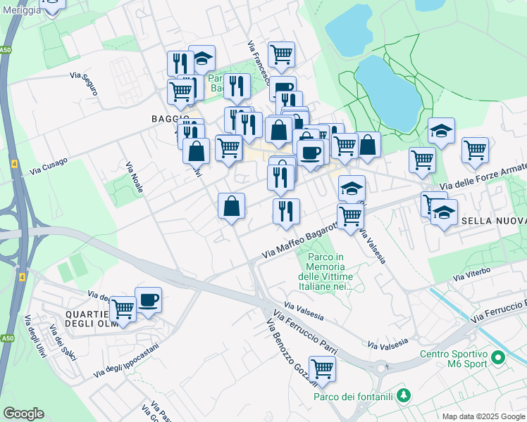 map of restaurants, bars, coffee shops, grocery stores, and more near 46 Via Bartolomeo Cabella in Città metropolitana di Milano