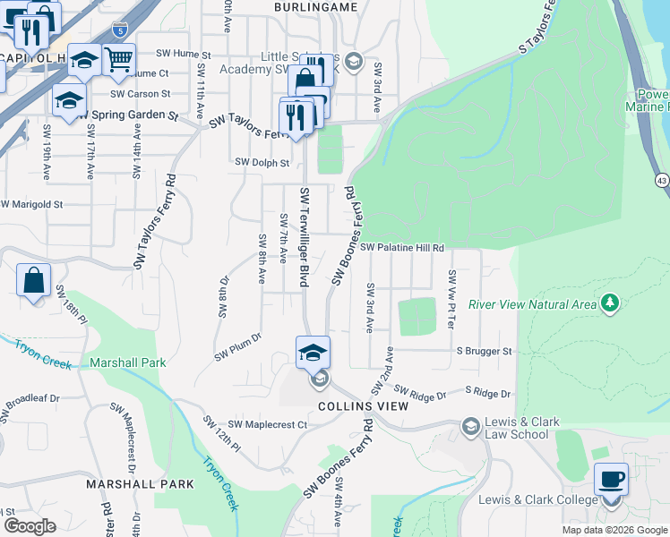map of restaurants, bars, coffee shops, grocery stores, and more near 9140 Southwest 5th Avenue in Portland
