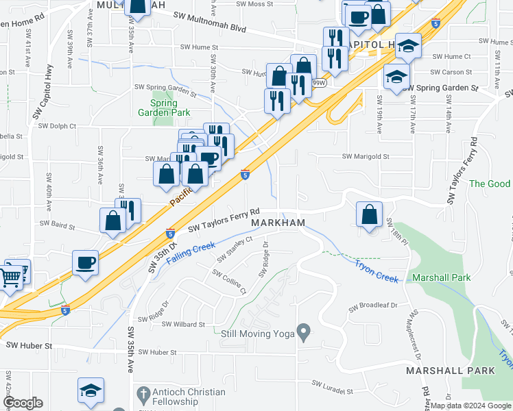 map of restaurants, bars, coffee shops, grocery stores, and more near 2715 Southwest Taylors Ferry Road in Portland