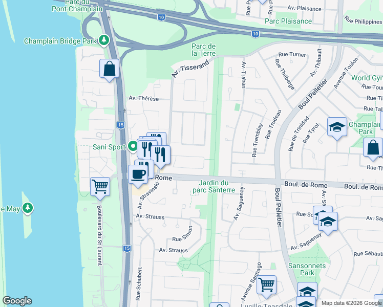 map of restaurants, bars, coffee shops, grocery stores, and more near 1565 Croissant Tolstoi in Brossard