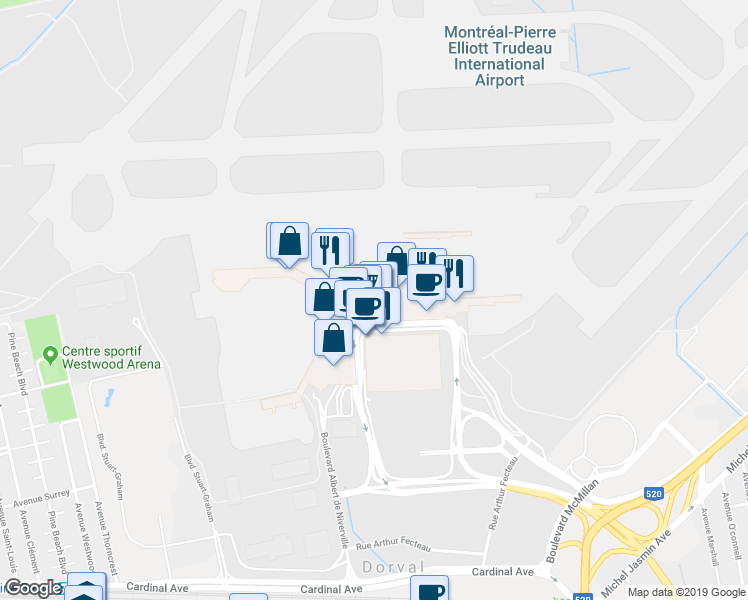 map of restaurants, bars, coffee shops, grocery stores, and more near 975 Boulevard Roméo Vachon Nord in Dorval
