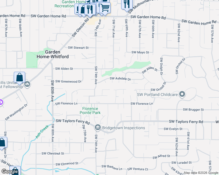 map of restaurants, bars, coffee shops, grocery stores, and more near 7250 Southwest Ashdale Drive in Portland
