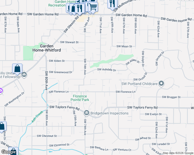map of restaurants, bars, coffee shops, grocery stores, and more near 7185 Southwest Leslie Street in Portland