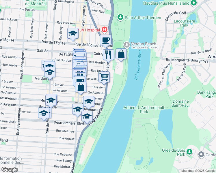 map of restaurants, bars, coffee shops, grocery stores, and more near 4560 Boulevard Lasalle in Montreal