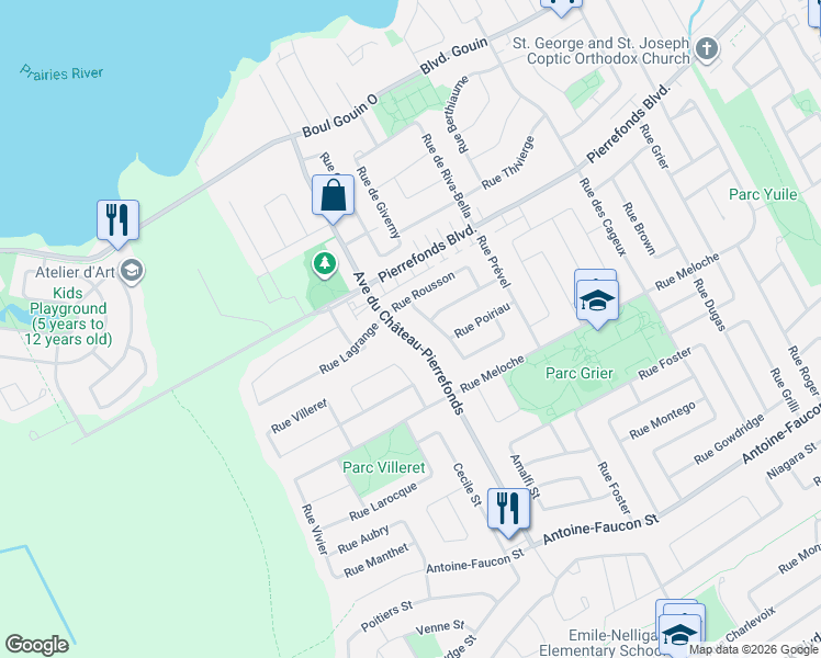 map of restaurants, bars, coffee shops, grocery stores, and more near 4727 Avenue du Château Pierrefonds in Montréal