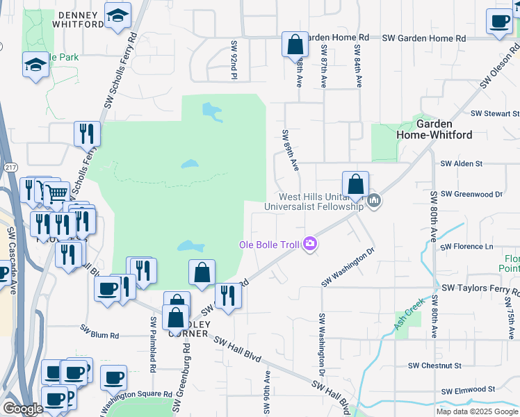 map of restaurants, bars, coffee shops, grocery stores, and more near 8985 Southwest Leslie Street in Portland