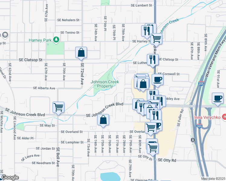 map of restaurants, bars, coffee shops, grocery stores, and more near 8850 Southeast 76th Avenue in Portland