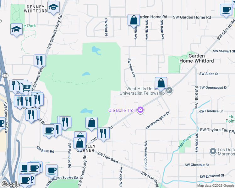 map of restaurants, bars, coffee shops, grocery stores, and more near 8985 Southwest Leslie Street in Portland