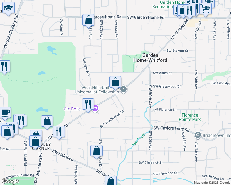 map of restaurants, bars, coffee shops, grocery stores, and more near 8410 Southwest Godwin Court in Portland