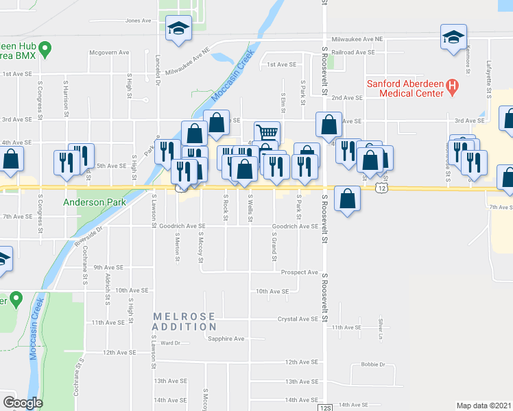 map of restaurants, bars, coffee shops, grocery stores, and more near 1926 6th Avenue Southeast in Aberdeen