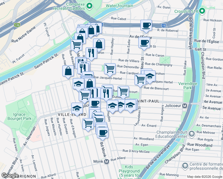 map of restaurants, bars, coffee shops, grocery stores, and more near 2055 Rue de Maricourt in Montréal