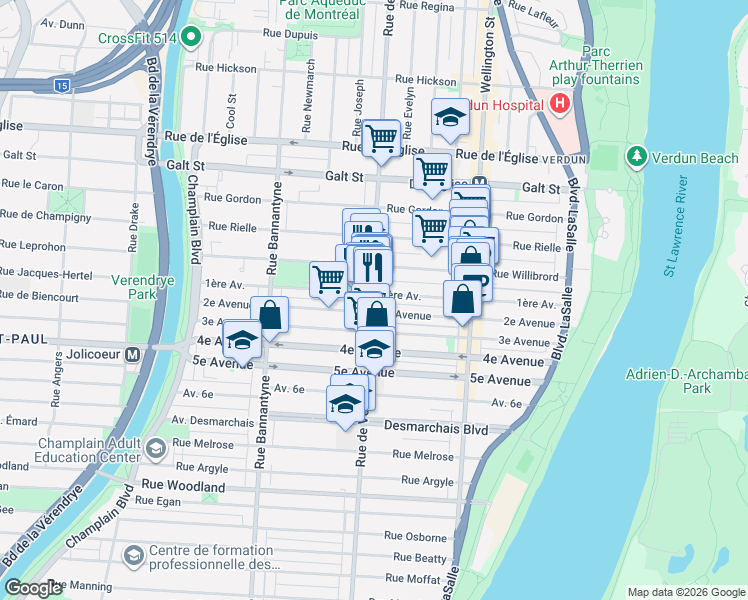 map of restaurants, bars, coffee shops, grocery stores, and more near 4622 Rue de Verdun in Montréal