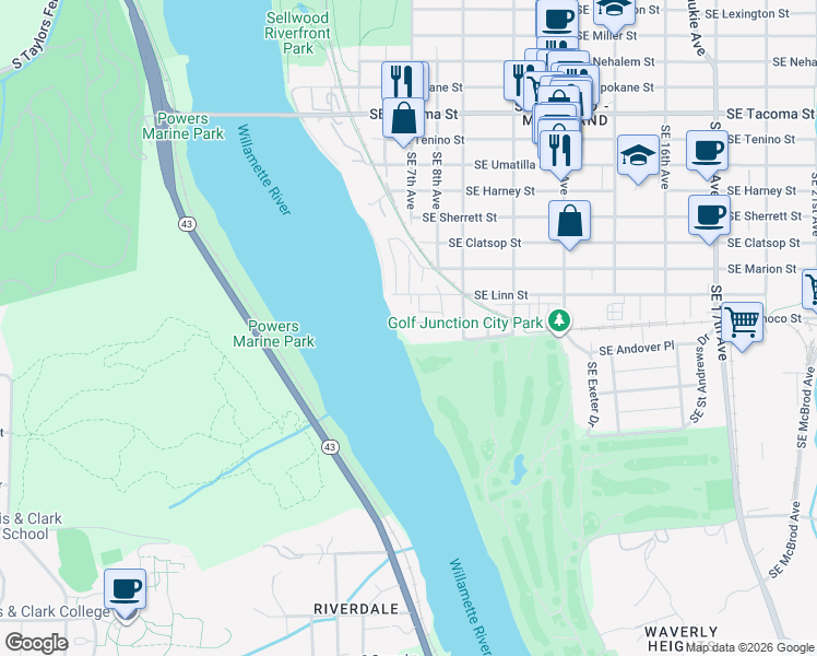 map of restaurants, bars, coffee shops, grocery stores, and more near 620 Southeast Linn Street in Portland