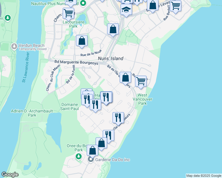 map of restaurants, bars, coffee shops, grocery stores, and more near 222 Rue Berlioz in Montréal