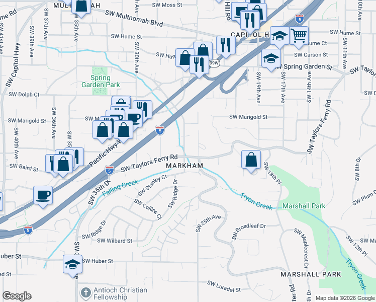 map of restaurants, bars, coffee shops, grocery stores, and more near 9224 Southwest 26th Avenue in Portland